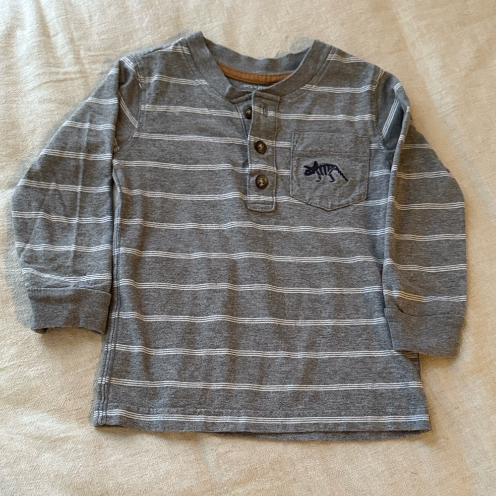 Gray Striped Kids Shirt with Button Detail 2T